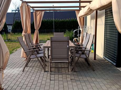 Zestaw ogrodowy stół 180cm i 8 regulowanych krzeseł aluminiowych - Kanbery Wood Taupe 8+1
