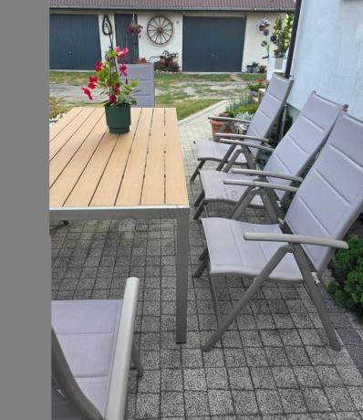 Zestaw ogrodowy stół 180cm i 8 regulowanych krzeseł aluminiowych - Kanbery Wood Taupe 8+1