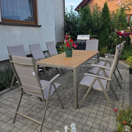 Zestaw ogrodowy stół 180cm i 8 regulowanych krzeseł aluminiowych - Kanbery Wood Taupe 8+1