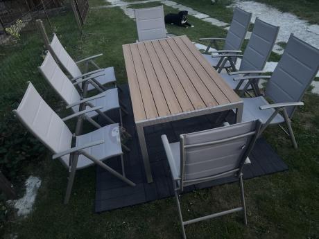 Zestaw ogrodowy stół 180cm i 8 regulowanych krzeseł aluminiowych - Kanbery Wood Taupe 8+1
