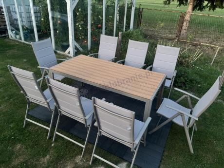 Zestaw ogrodowy stół 180cm i 8 regulowanych krzeseł aluminiowych - Kanbery Wood Taupe 8+1