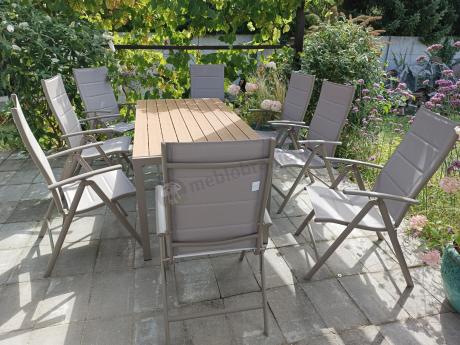Zestaw ogrodowy stół 180cm i 8 regulowanych krzeseł aluminiowych - Kanbery Wood Taupe 8+1