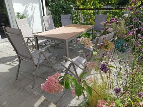 Zestaw ogrodowy stół 180cm i 8 regulowanych krzeseł aluminiowych - Kanbery Wood Taupe 8+1