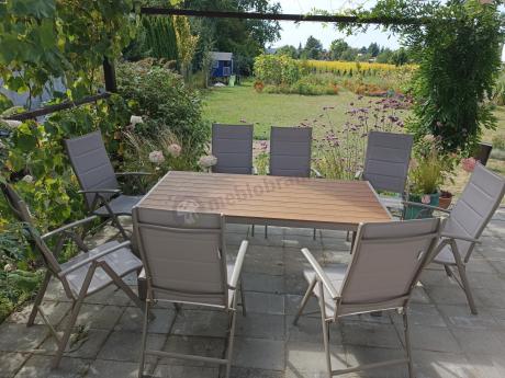 Zestaw ogrodowy stół 180cm i 8 regulowanych krzeseł aluminiowych - Kanbery Wood Taupe 8+1