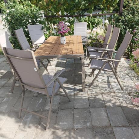 Zestaw ogrodowy stół 180cm i 8 regulowanych krzeseł aluminiowych - Kanbery Wood Taupe 8+1