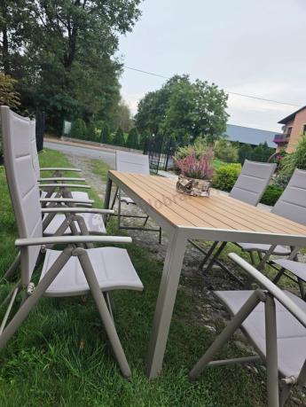 Zestaw ogrodowy stół 180cm i 8 regulowanych krzeseł aluminiowych - Kanbery Wood Taupe 8+1
