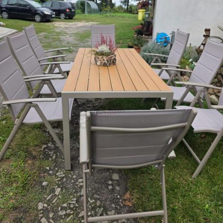 Zestaw ogrodowy stół 180cm i 8 regulowanych krzeseł aluminiowych - Kanbery Wood Taupe 8+1