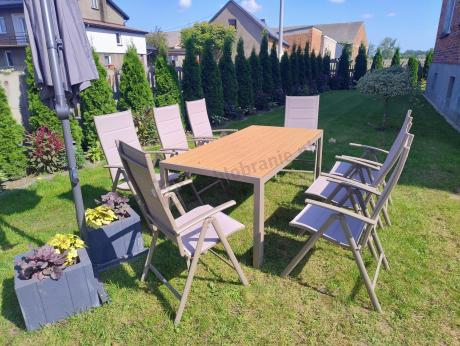 Zestaw ogrodowy stół 180cm i 8 regulowanych krzeseł aluminiowych - Kanbery Wood Taupe 8+1