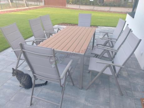 Zestaw ogrodowy stół 180cm i 8 regulowanych krzeseł aluminiowych - Kanbery Wood Taupe 8+1