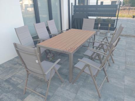 Zestaw ogrodowy stół 180cm i 8 regulowanych krzeseł aluminiowych - Kanbery Wood Taupe 8+1