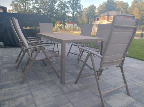 Zestaw ogrodowy stół 180cm i 8 regulowanych krzeseł aluminiowych - Kanbery Wood Taupe 8+1
