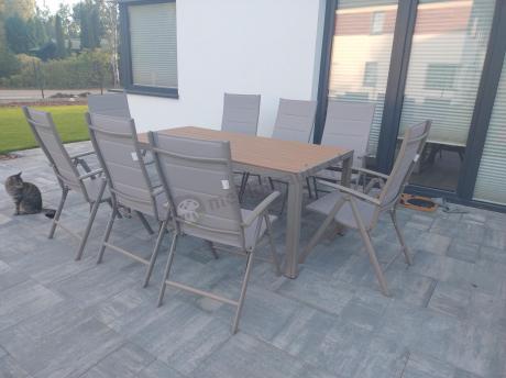 Zestaw ogrodowy stół 180cm i 8 regulowanych krzeseł aluminiowych - Kanbery Wood Taupe 8+1