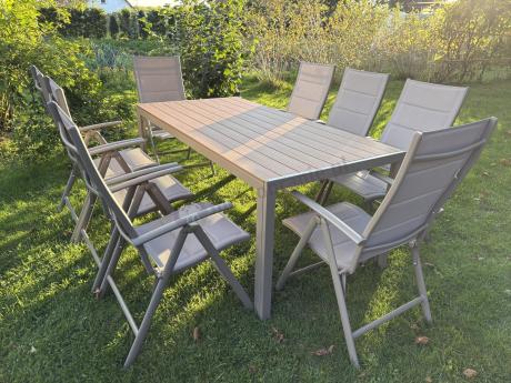 Zestaw ogrodowy stół 180cm i 8 regulowanych krzeseł aluminiowych - Kanbery Wood Taupe 8+1