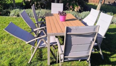 Zestaw ogrodowy stół 180cm i 8 regulowanych krzeseł aluminiowych - Kanbery Wood Taupe 8+1
