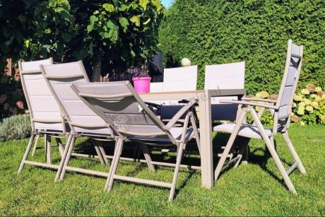 Zestaw ogrodowy stół 180cm i 8 regulowanych krzeseł aluminiowych - Kanbery Wood Taupe 8+1