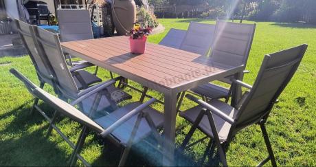 Zestaw ogrodowy stół 180cm i 8 regulowanych krzeseł aluminiowych - Kanbery Wood Taupe 8+1
