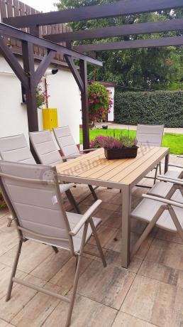 Zestaw ogrodowy stół 180cm i 8 regulowanych krzeseł aluminiowych - Kanbery Wood Taupe 8+1