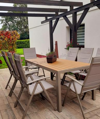 Zestaw ogrodowy stół 180cm i 8 regulowanych krzeseł aluminiowych - Kanbery Wood Taupe 8+1