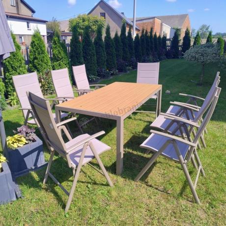 Zestaw ogrodowy stół 180cm i 8 regulowanych krzeseł aluminiowych - Kanbery Wood Taupe 8+1