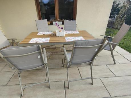 Zestaw ogrodowy stół 180cm i 8 regulowanych krzeseł aluminiowych - Kanbery Wood Taupe 8+1