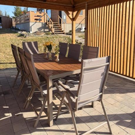 Zestaw ogrodowy stół 180cm i 8 regulowanych krzeseł aluminiowych - Kanbery Wood Taupe 8+1