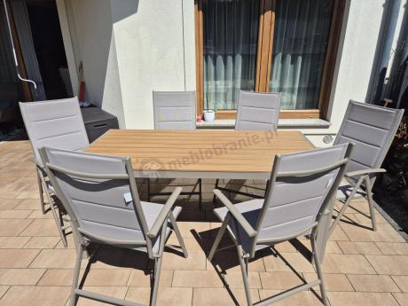 Zestaw ogrodowy stół 180cm i 8 regulowanych krzeseł aluminiowych - Kanbery Wood Taupe 8+1