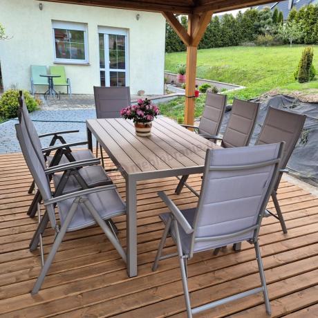 Zestaw stół i 8 regulowanych krzeseł - Kanbery Wood Taupe 8+1