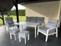 Aranżacja: Aluminiowy komplet białych mebli na taras z regulowanymi fotelami, sofą i stołem obiadowym - Renalo Dining Relax Whit