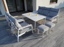 Aranżacja: Aluminiowy komplet białych mebli na taras z regulowanymi fotelami, sofą i stołem obiadowym - Renalo Dining Relax Whit