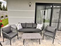 Aranżacja: Antracytowe nowoczesne meble ogrodowe metalowe rope style z sofą 202cm, fotelami i stolikiem kawowym Kostto Cafe