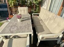Aranżacja: Beżowy komplet aluminiowych mebli na taras dla 7 osób - sofa 200cm, fotele i pufy - Tavaro