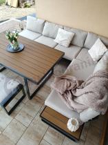 Aranżacja: Beżowy narożnik wypoczynkowy ze stołem obiadowym na taras Panaon Corner XL Light Beige Teak