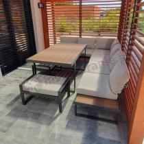 Aranżacja: Beżowy narożnik wypoczynkowy ze stołem obiadowym na taras Panaon Corner XL Light Beige Teak