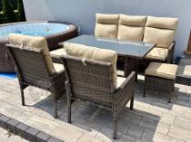 Aranżacja: Brązowe meble ogrodowe z sofą 175cm, wysokim stołem, fotelami i pufami Lirata Dining