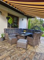 Aranżacja: Brązowy narożnik na taras Laritto Corner XL + 2x regulowany fotel i pufy - Dark Brown