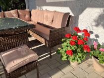 Aranżacja: Brązowy narożnik ogrodowy 190x190cm i pufy Torino Corner XL - Carmel