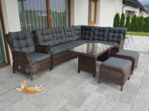 Aranżacja: Brązowy narożnik z technorattanu Laritto 251x195cm z wysokim stołem i fotelem - Dark Brown