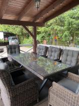Aranżacja: Brązowy stół obiadowy z nogą X 220cm i 8 foteli Laritto - Dark Brown
