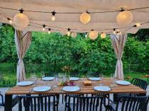 Aranżacja: Drewnopodobna pergola ogrodowa 4x4 Niro z zasłonami - Cream Wood