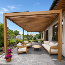 Aranżacja: Drewnopodobna pergola tarasowa 3x6 z oświetleniem zasłonami i moskitierami Nefir 2.0 - Woodlook