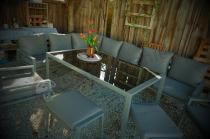 Aranżacja: Duży narożnik na taras ze stołem obiadowym fotelami i pufami Sodor Corner XXL - Silver