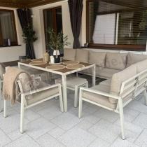 Aranżacja: Duży narożnik na taras ze stołem obiadowym fotelami i pufami Sodor Corner XXL - White Polywood