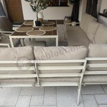 Aranżacja: Duży narożnik na taras ze stołem obiadowym fotelami i pufami Sodor Corner XXL - White Polywood