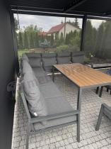 Aranżacja: Duży narożnik ogrodowy metalowy 294x184cm Doros Corner XXL z 2 fotelami, 2 pufami i stołem 160cm - Polywood Dark Grey