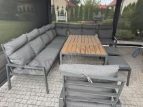 Aranżacja: Duży narożnik ogrodowy metalowy 294x184cm Doros Corner XXL z 2 fotelami, 2 pufami i stołem 160cm - Polywood Dark Grey