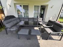 Aranżacja: Duży narożnik ogrodowy metalowy 294x184cm Doros Corner XXL z 2 fotelami, 2 pufami i stołem 160cm wysokie oparcia - Da