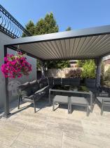 Aranżacja: Duży narożnik ogrodowy metalowy 294x184cm Doros Corner XXL z 2 fotelami, 2 pufami i stołem 160cm wysokie oparcia - Da