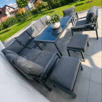 Aranżacja: Duży narożnik ogrodowy metalowy 294x184cm Sodor Corner XXL z 2 fotelami, 2 pufami i stołem 160cm - Dark Grey