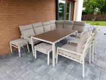 Aranżacja: Duży narożnik ogrodowy wysokie oparcia z fotelami, pufami i stołem obiadowym 160cm Doros Corner XL - Polywood Cream