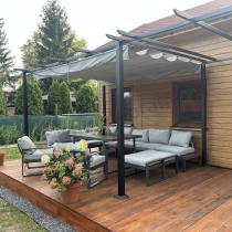 Aranżacja: Duży nowoczesny narożnik na taras z dwoma fotelami i pufami Panaon Corner XXL - Light Grey